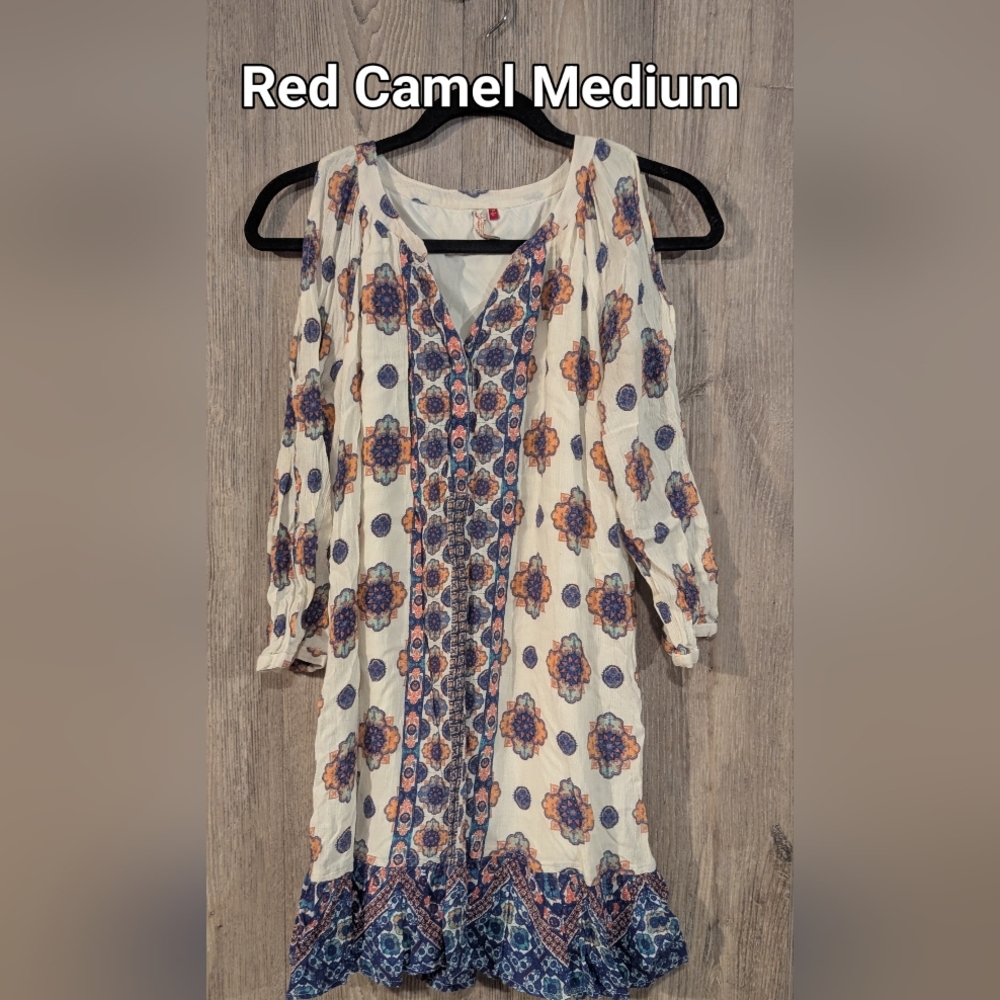 Red Camel Blue and Cream Patterned Tunic Dress